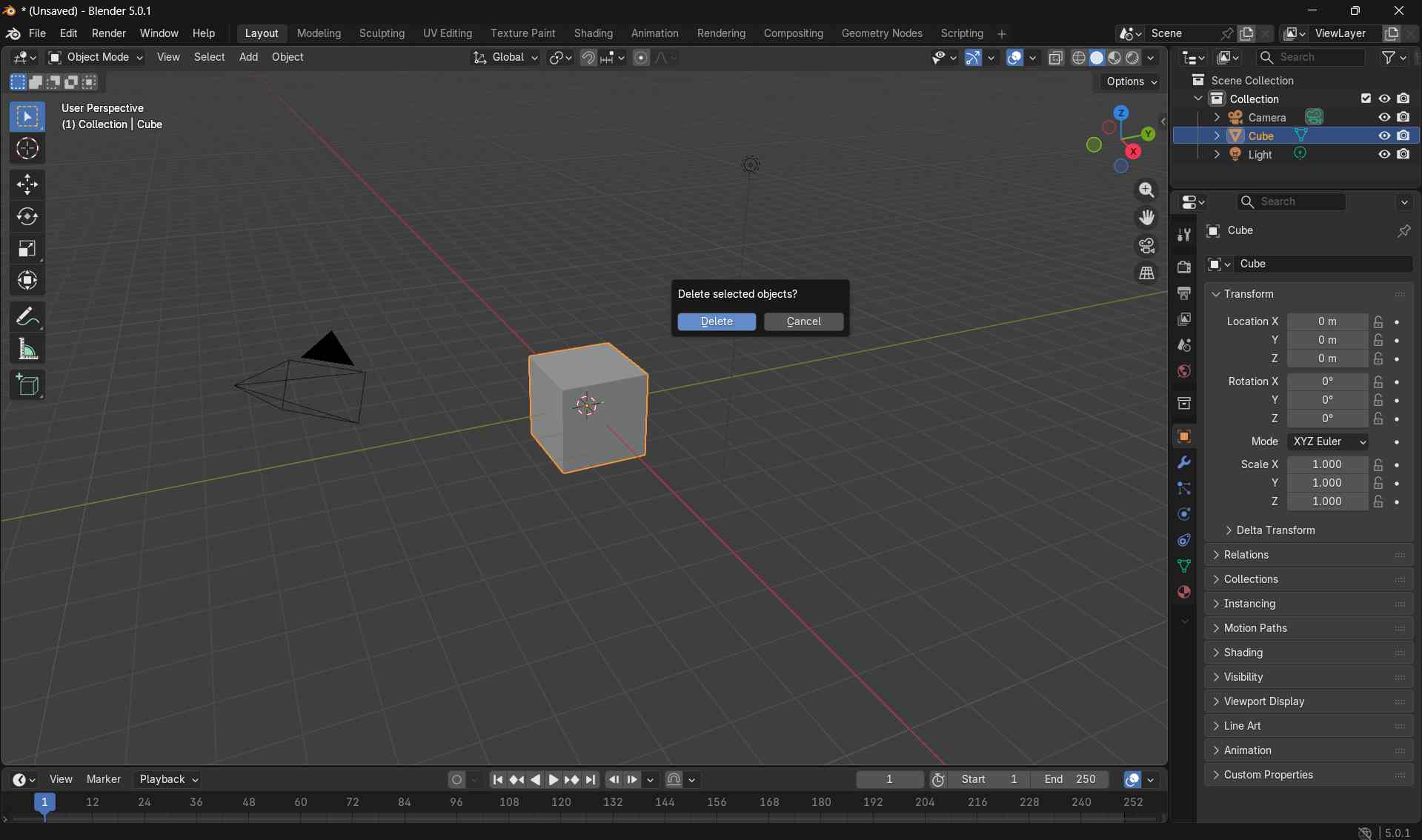 Deleting the cube in Blender